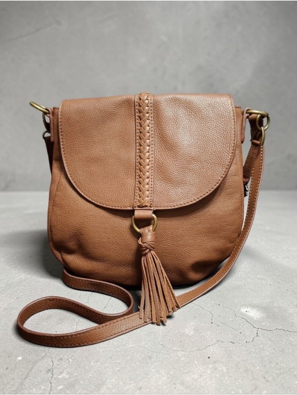 Lucky Brand Tan-Brown Leather Flap Saddle Bag Crossbody with Braided Detail